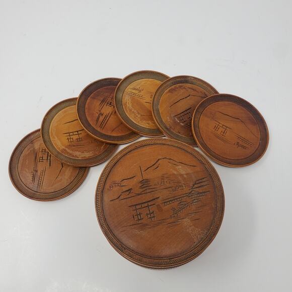 Vintage Hand Carved Miyajima Satsuma Japan Round  Tea Coasters  Set of 6 - Picture 1 of 8